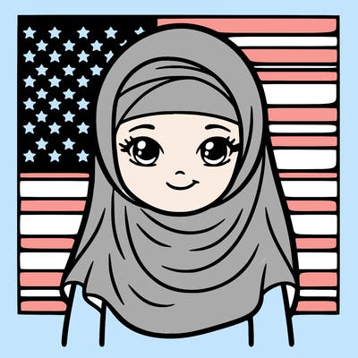 a muslim woman with a veil and an american flag behind her realsitic