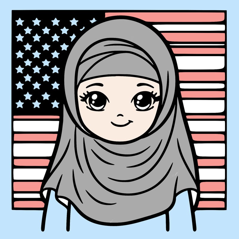 a muslim woman with a veil and an american flag behind her realsitic