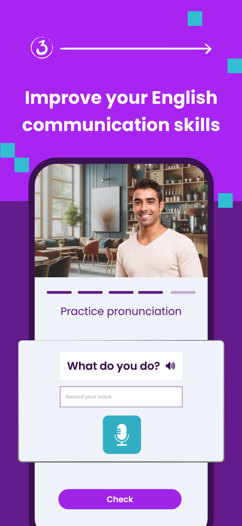 Mobile app interface for WordUp showing an English pronunciation practice exercise with a voice recording button.