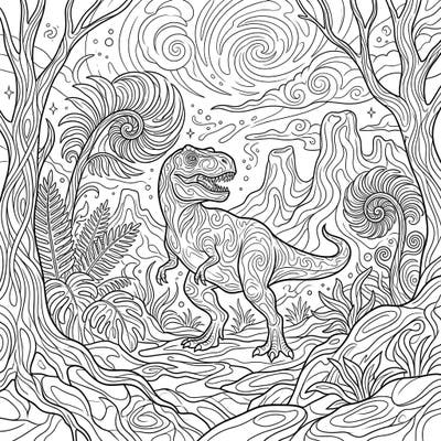 Explore a captivating prehistoric scene where a mighty T-Rex roams a jungle transformed by surreal, psychedelic patterns. This intricate coloring page invites you to bring a vibrant twist to the ancient world.