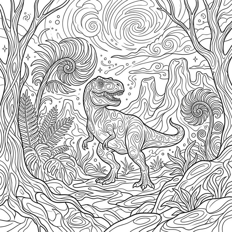 Explore a captivating prehistoric scene where a mighty T-Rex roams a jungle transformed by surreal, psychedelic patterns. This intricate coloring page invites you to bring a vibrant twist to the ancient world.