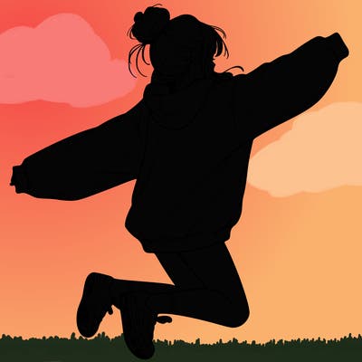 realistic girl jumping with a bun and oversized sweatshirt