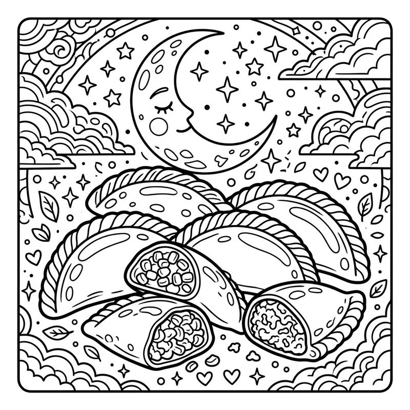 Indulge in a unique coloring experience with this delightful page featuring savory empanadas nestled beneath a serene night sky. Discover a world of culinary charm and nocturnal magic waiting for your creative touch.