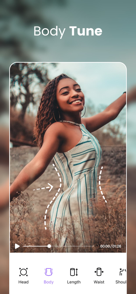 AirVid-AI Quality Enhancer Pro - AirVid app interface showing Body Tune feature for video reshaping