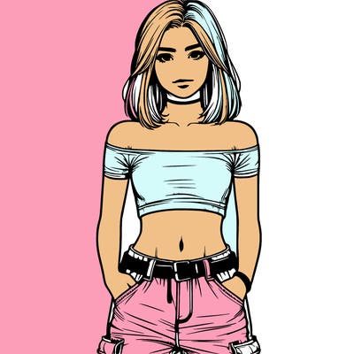 realistic teenage girl with a crop top and cargo jeans