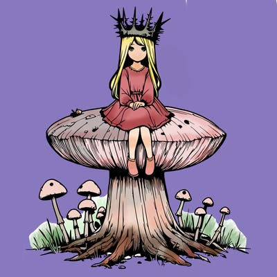 realistic girl sitting on a huge tree stump size toadstool with thorn crown