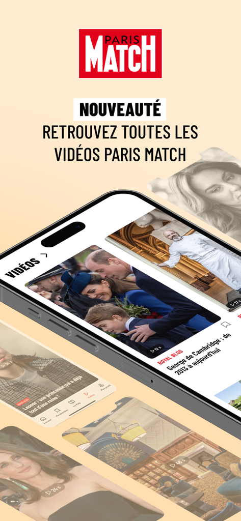 Paris Match app video interface featuring European royalty and celebrity news