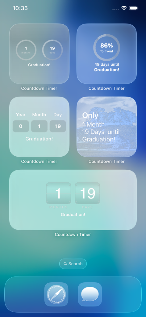 A variety of aesthetic iOS widgets for a graduation countdown on an iPhone home screen