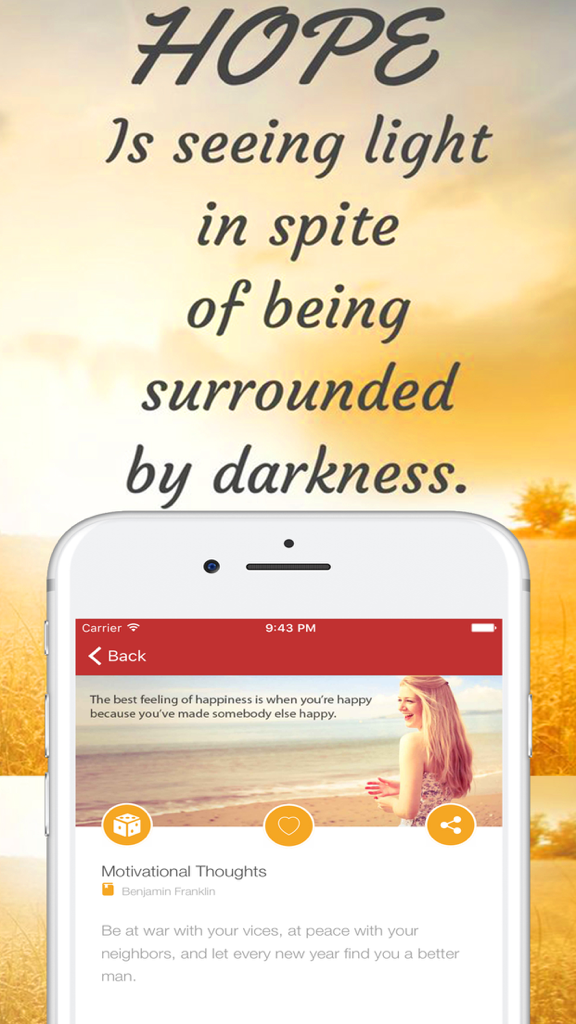 Inspirational & Motivational Quotes For Motivation - Mobile app screen showing inspirational and motivational quotes with a background of a sunset field
