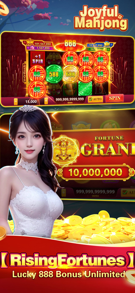 Joyful Mahjong - Lami、Casino - Un écran de jeu de machine à sous de Joyful Mahjong présentant un bonus Rising Fortunes et un jackpot de 10 millions.