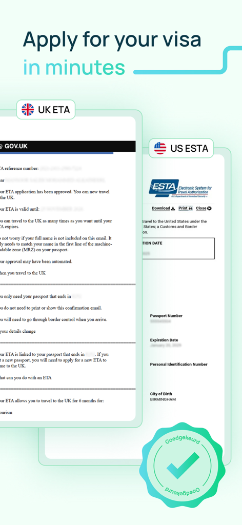 iVisa app screen showing approved UK ETA and US ESTA travel documents with a green approval badge