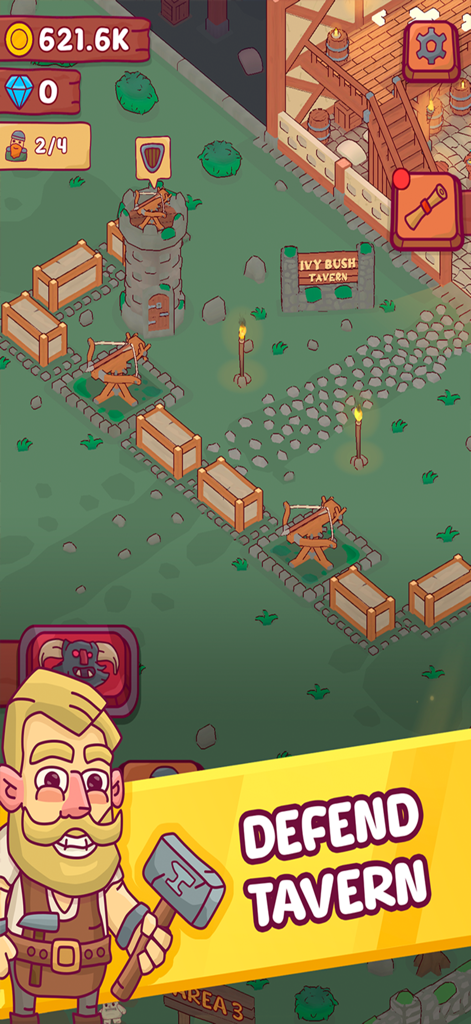Heroes Tavern: Idle Pub Tycoon - A blacksmith character stands next to defensive ballistae and towers guarding the Ivy Bush Tavern