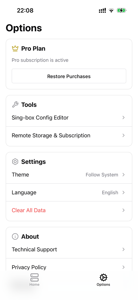 RayBoxUI - RayBoxUI options screen with tools settings and pro plan status