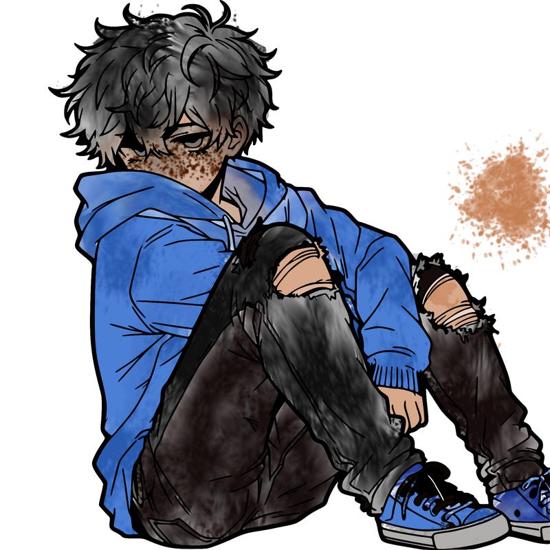 a male hoddie ripped jeans messy hair anime