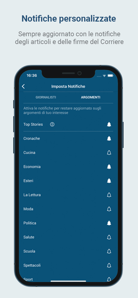 Pantalla móvil de la aplicación Corriere della Sera que muestra la configuración de notificaciones personalizadas para varios temas de noticias