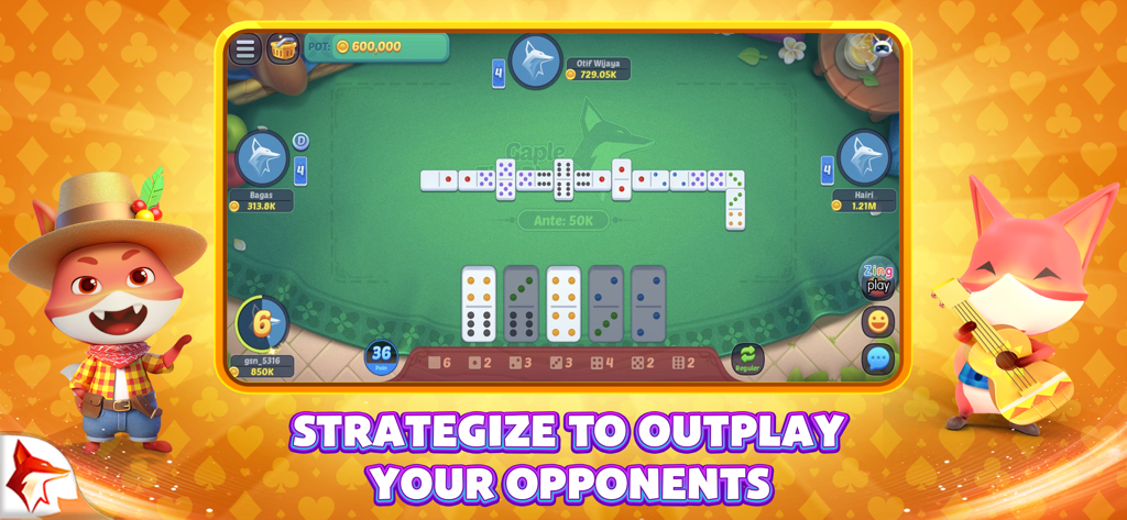 Una captura de pantalla de jugabilidad de Domino ZingPlay que muestra una partida de Gaple en una mesa verde con mascotas de zorro de dibujos animados