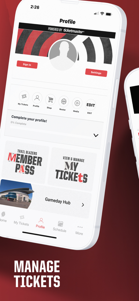 Portland Trail Blazers - Profilseite der Portland Trail Blazers App mit Optionen zur Ticketverwaltung und Anzeige von Mitgliederausweisen