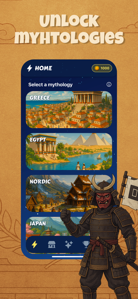 Sphinx Quiz Mythology - Home screen of Sphinx Quiz Mythology showing selectable categories for Greece Egypt Nordic and Japan with a samurai character