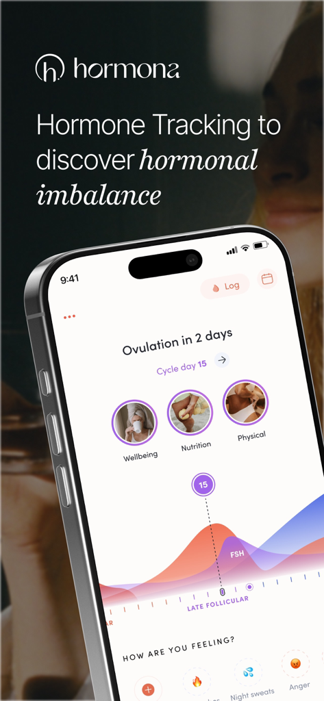 Hormona: Period & Hormones - iPhone screen displaying the Hormona app interface with cycle tracking hormone level charts and symptom logging options