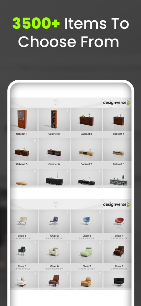 Home Design 3D : Designverse - Una biblioteca de más de 3500 artículos de muebles, incluyendo gabinetes y sillas, en la aplicación Designverse
