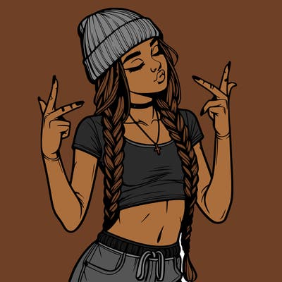 realistic teenage girl with braids and a beanie and crop top doing 🫶🏼