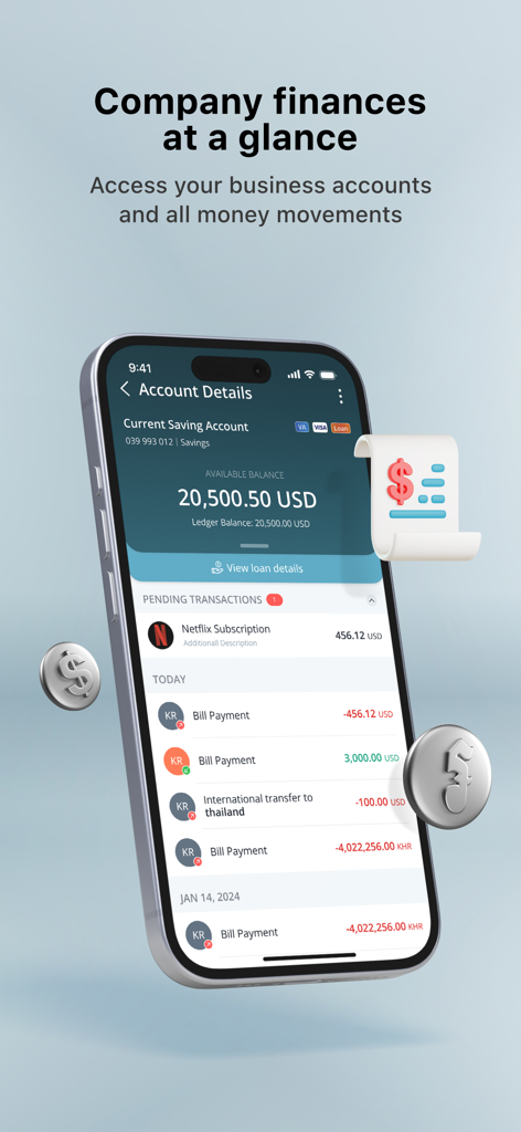 ABA Business - ABA Business mobile app showing account balance and recent money movements on a smartphone screen.