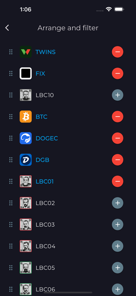 wallet.app - Management screen in wallet app to arrange and filter various cryptocurrency coins