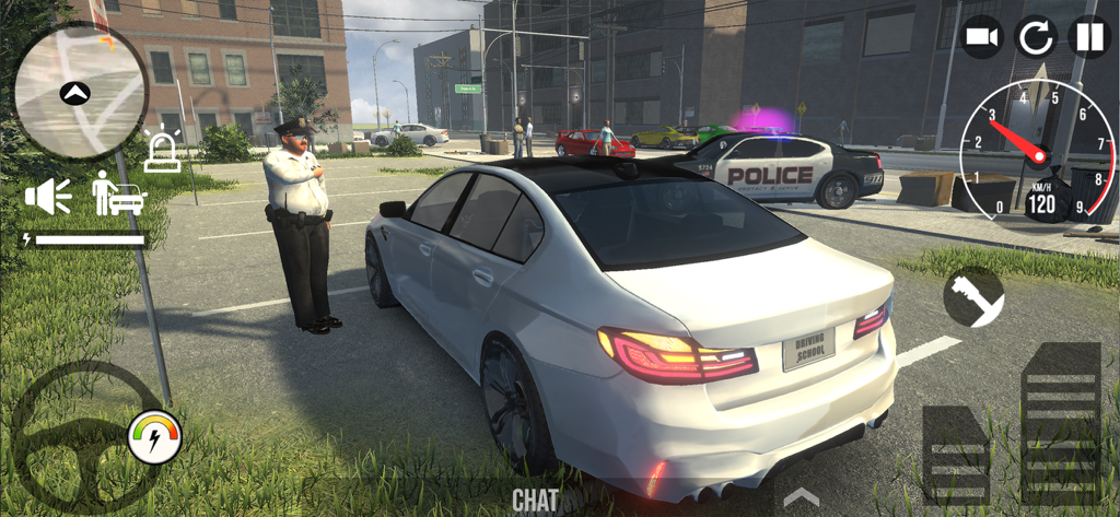 Police Simulator Cop Car Games - A police officer standing next to a white sports car in a 3D open world simulation game.