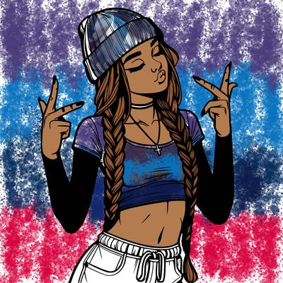realistic teenage girl with braids and a beanie and crop top doing 🫶🏼