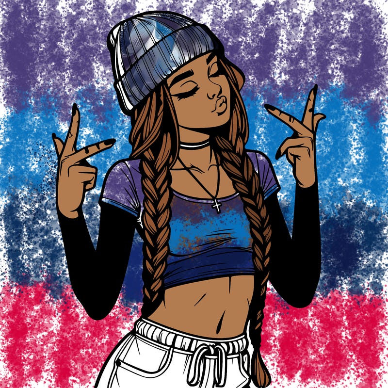 realistic teenage girl with braids and a beanie and crop top doing 🫶🏼