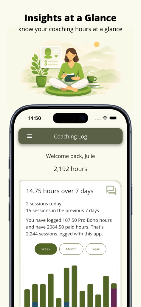 Dashboard of the Coaching Log app for ICF coaches showing total coaching hours, session summaries, and activity charts