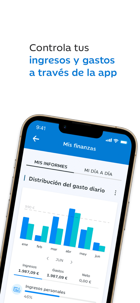 A mobile screen showing the Ibercaja app's personal finance dashboard with income and expense bar charts.