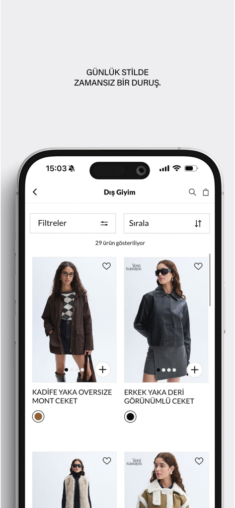 Mudo - Ein mobiler Bildschirm aus der Mudo App, der eine kuratierte Liste von Damenmänteln und Jacken mit Filter- und Sortieroptionen zeigt.