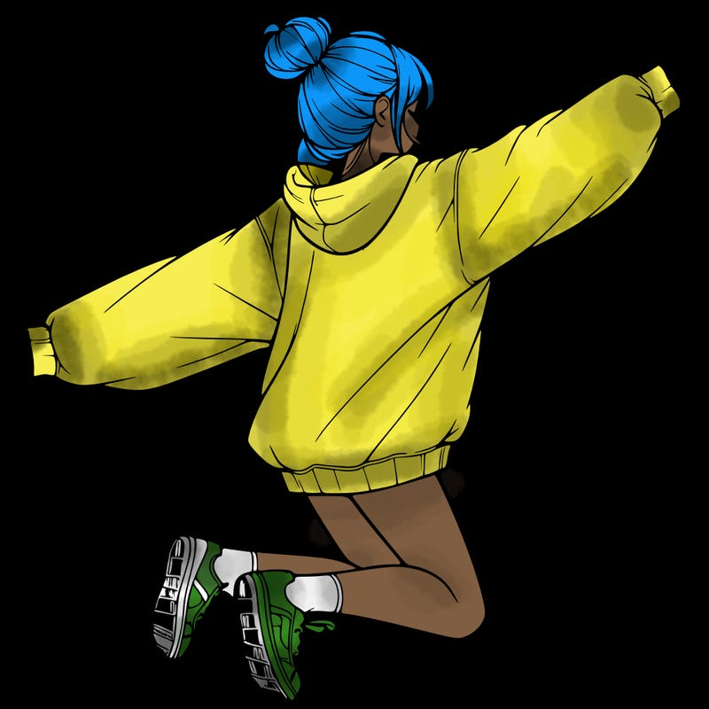 realistic girl jumping with a bun and oversized sweatshirt