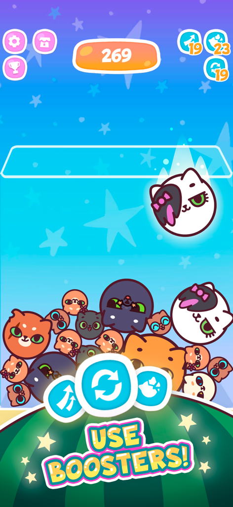 Watermelon Cats mobile game screen showing cat characters and booster options