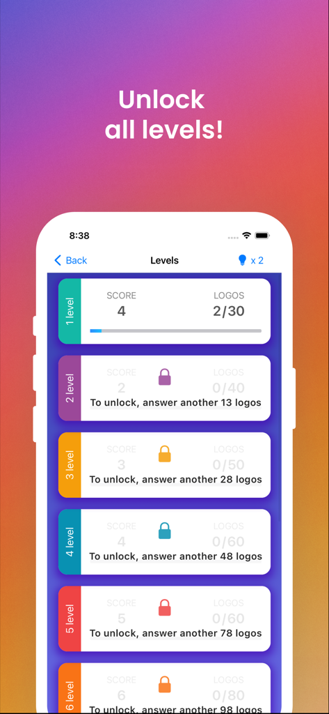 Logo Quiz - Guess This Brand! - Interface of the Logo Quiz app showing locked and unlocked game levels with score progress.