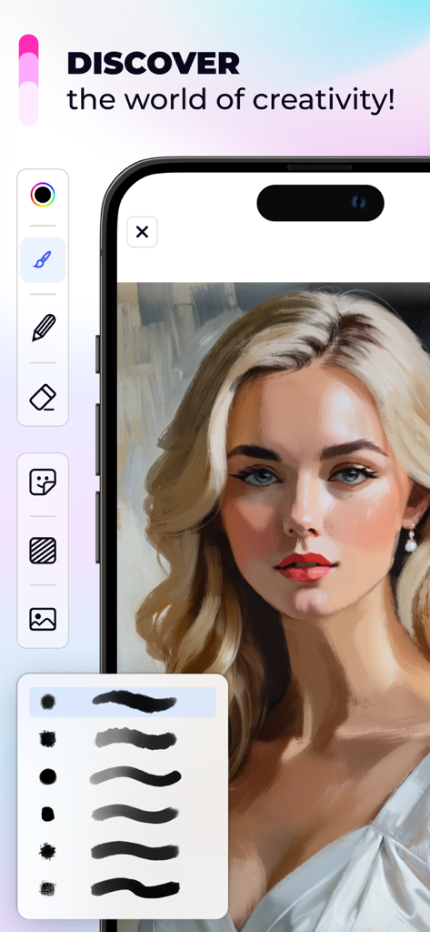 Pocket Sketchbook - Drawing - Interfaz de la aplicación Pocket Sketchbook que muestra una pintura digital y herramientas de personalización de pinceles.