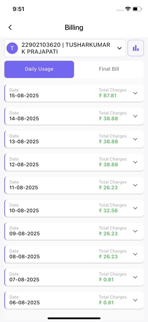 UGVCL Consumer App - Daily electricity usage and billing history on the UGVCL Consumer App.
