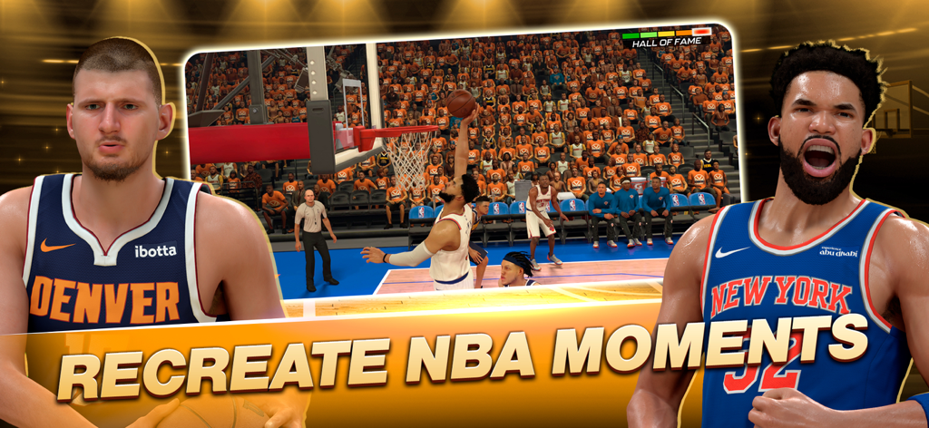 NBA 2K Mobile gameplay screenshot featuring Nikola Jokic and the Recreate NBA Moments game mode.