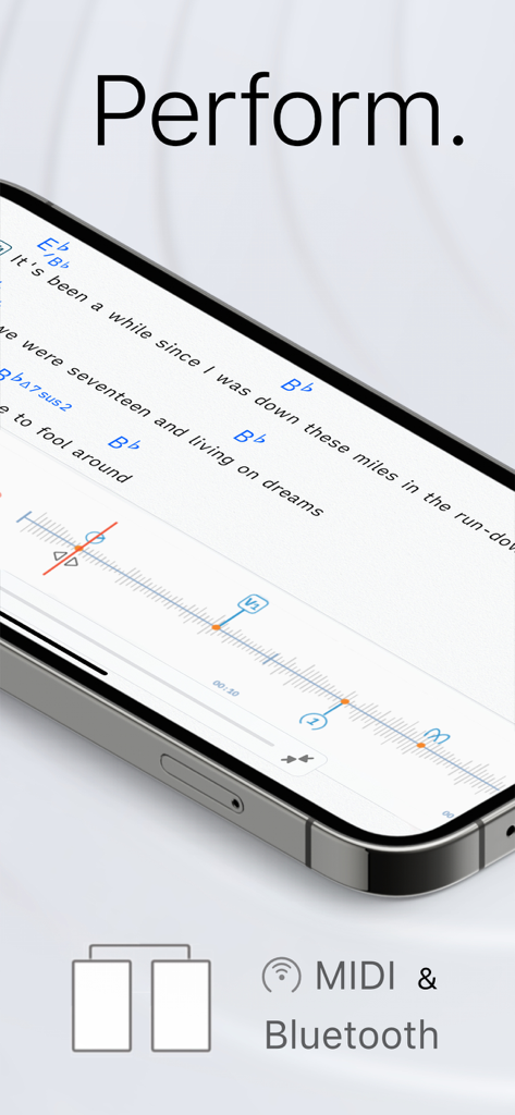 Songs - The App For Musicians - Smartphone zeigt ein digitales Akkordblatt mit Texten und MIDI- und Bluetooth-Symbolen für Live-Auftritte.