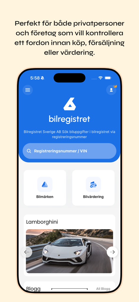 Home screen of the Bilregistret.ai app showing vehicle registration search and car valuation tools