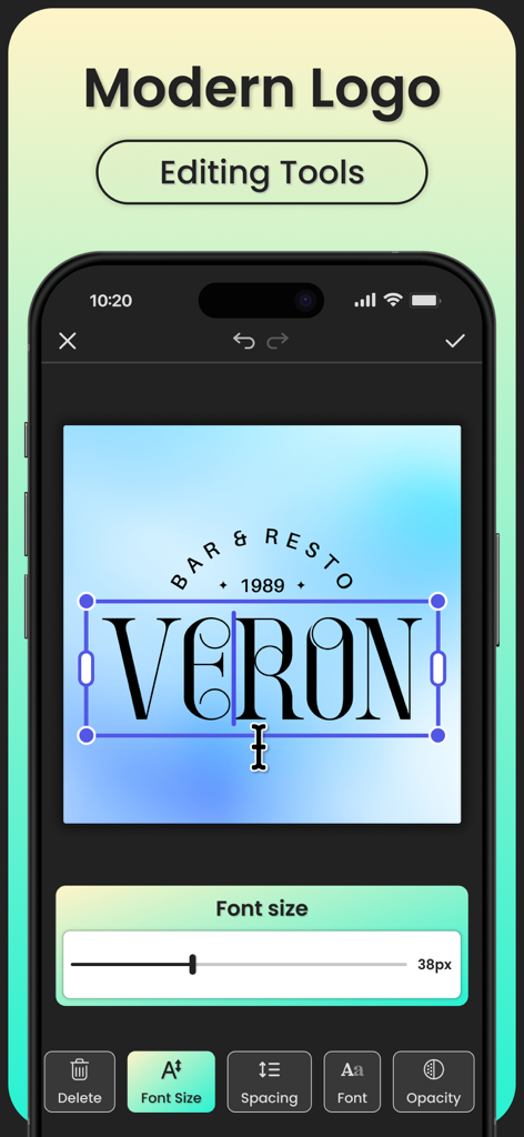 Logo Maker：Logo Design - Uma interface de aplicativo móvel mostrando ferramentas de edição de tipografia para o design de um logo de restaurante moderno.