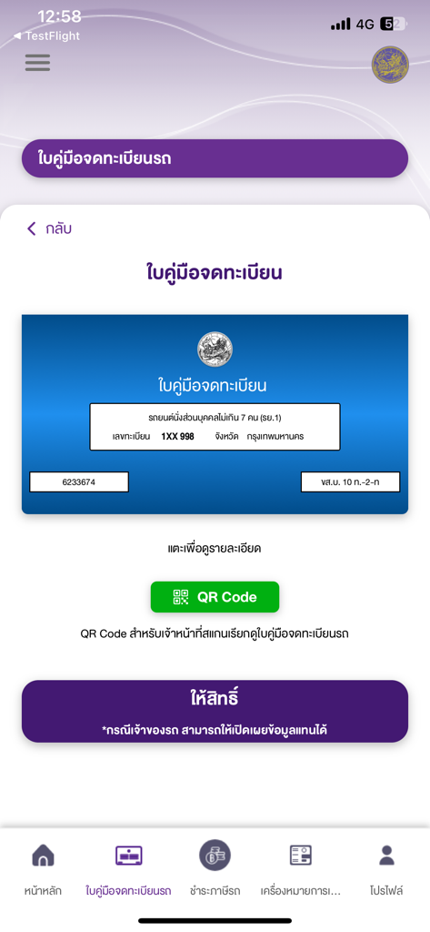 DLT 차량 세금 플러스 앱의 디지털 차량 등록 문서 화면