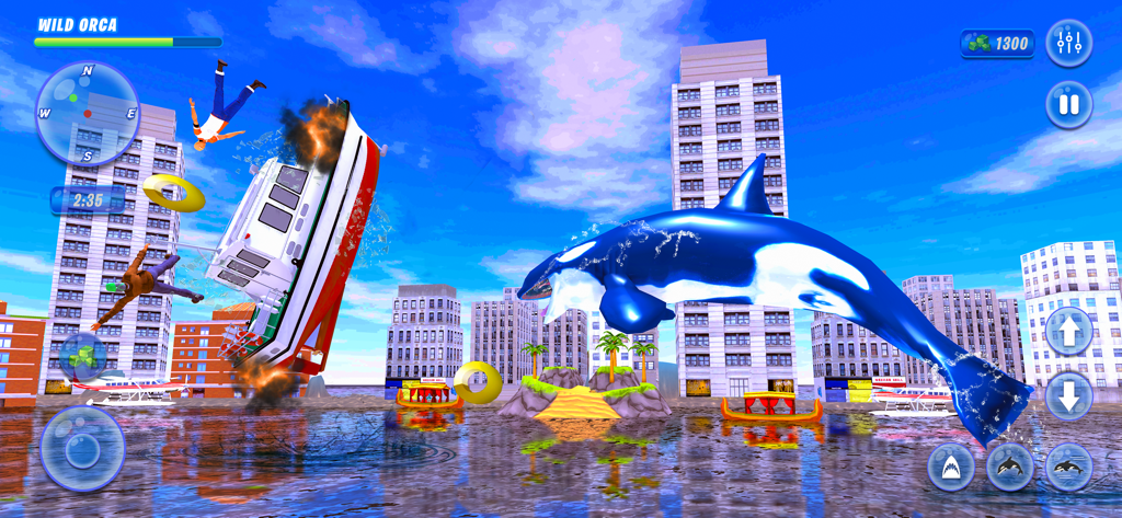 Orca Killer Whale Simulator - An orca whale jumping out of the water to attack a boat in a 3D city environment