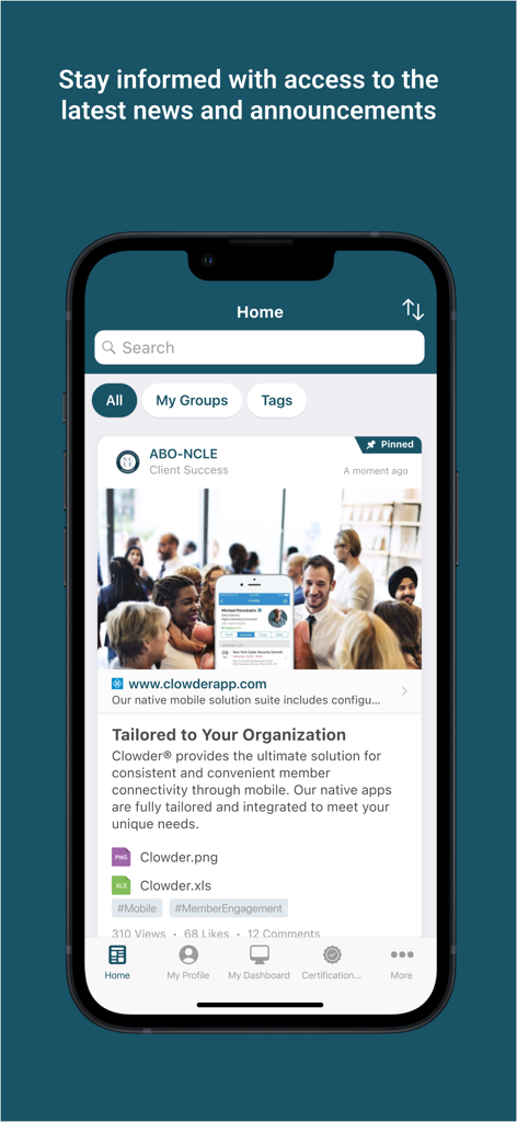ABO-NCLE Certifications app home screen with latest news and announcements feed