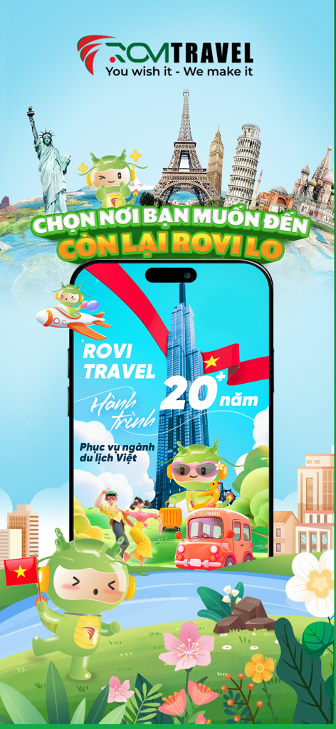 Rovi Travel - Pantalla de inicio de la aplicación Rovi Travel mostrando monumentos mundiales y una linda mascota que representa 20 años de servicios de viaje para Vietnam