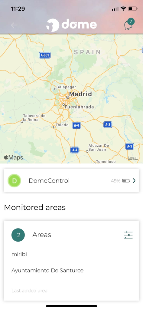 PandaDome app interface showing a map of monitored areas for parental control and device tracking