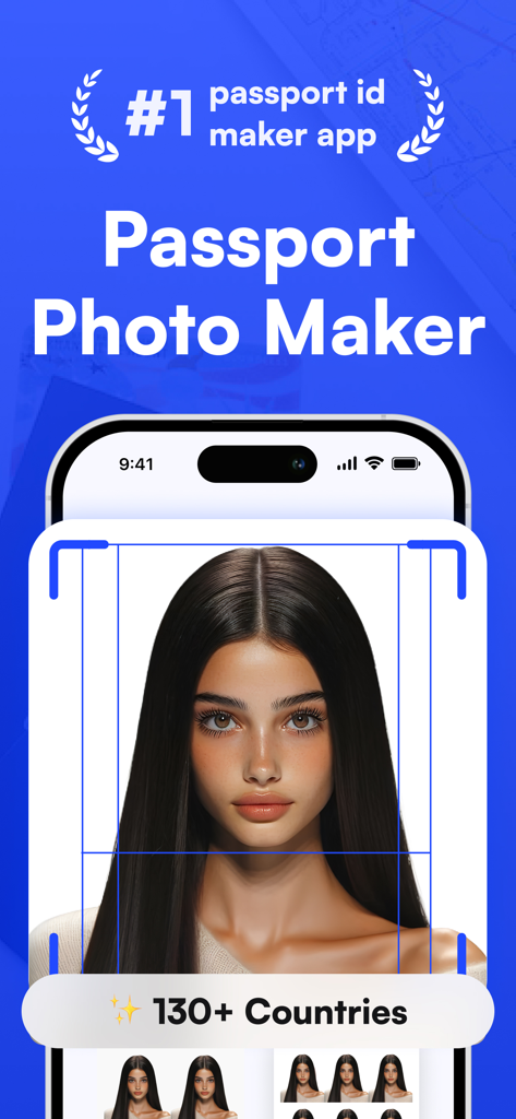 Passport Photo: ID Maker - 公式文書のために130カ国以上の顔の配置ガイドを示すパスポート写真IDメーカーアプリのインターフェイス
