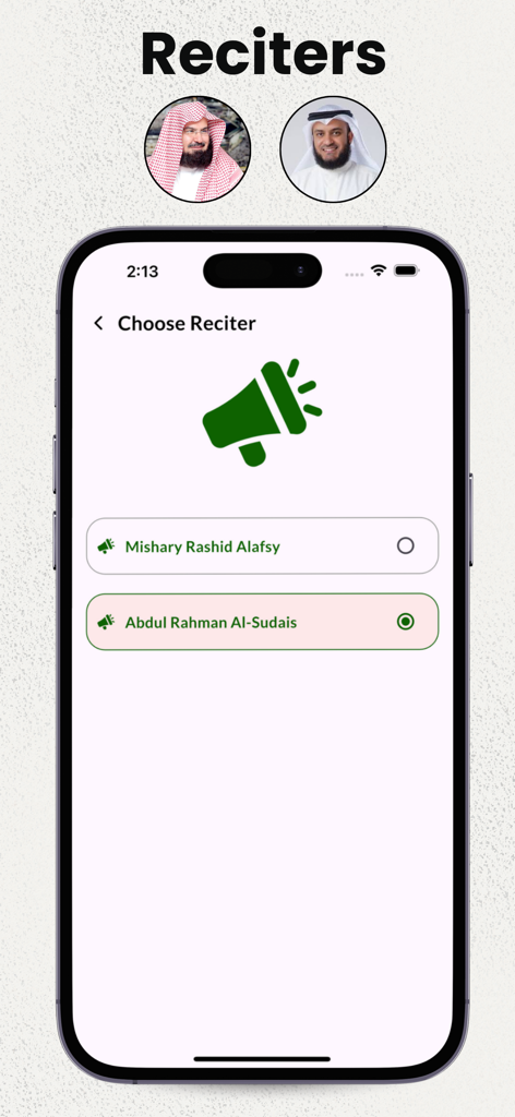 Surah Rahman with Translations - Interface pour sélectionner un récitateur du Coran dans l'application Sourate Rahman