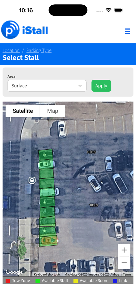 iStall - iStall app screen showing available parking stalls on a satellite map.